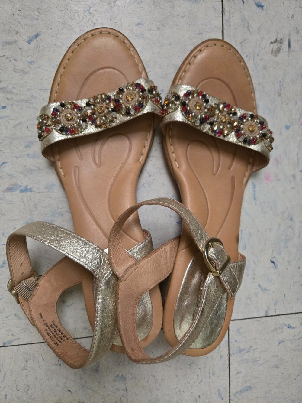 Ladies metallic gold leather and beaded sandals Born